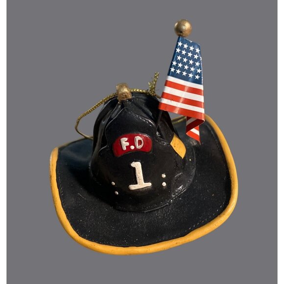 Firefighter Helmet Ornament With American Flag FD 1 Design Black & Yellow Resin - Picture 1 of 11